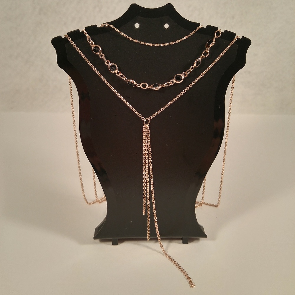 Necklace rose gold black bead 3-row chain tassel